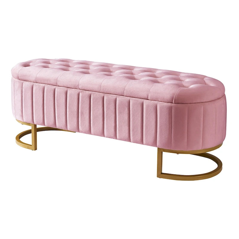 Button-Tufted Upholstered Velvet Storage Ottoman Bench with Metal Legs