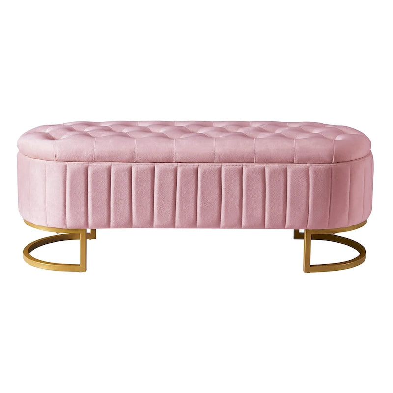 Button-Tufted Upholstered Velvet Storage Ottoman Bench with Metal Legs