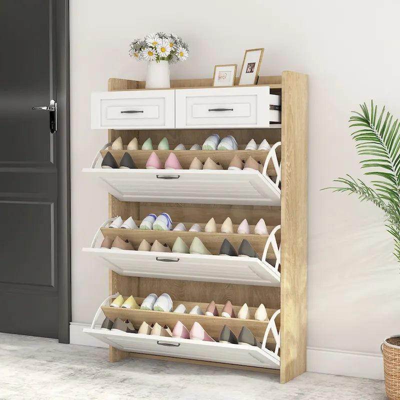 Shoe Cabinet for Entryway, Narrow Shoe Rack Storage Organizer with 2 Flip Drawers and Adjustable Shelves for 10 Pairs of Shoes