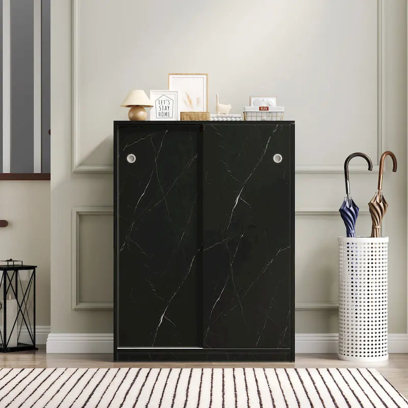 Marble black shoe cabient with sliding door have 6 layers can storage at least30 pairs shoes