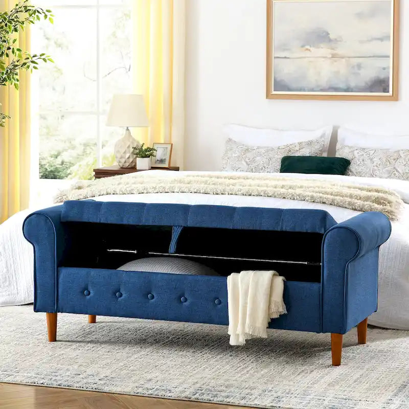 62 Bedroom Tufted Button Storage Bench, Modern Fabric Upholstered Ottoman, Window Bench, Rolled Arm Design