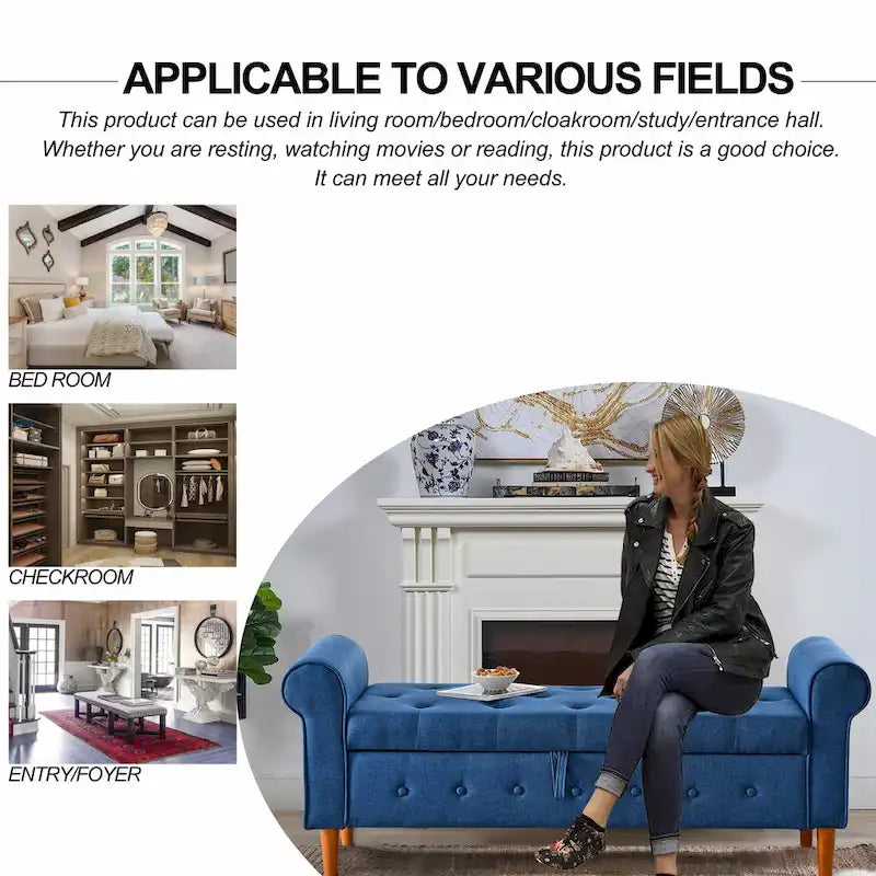62 Bedroom Tufted Button Storage Bench, Modern Fabric Upholstered Ottoman, Window Bench, Rolled Arm Design