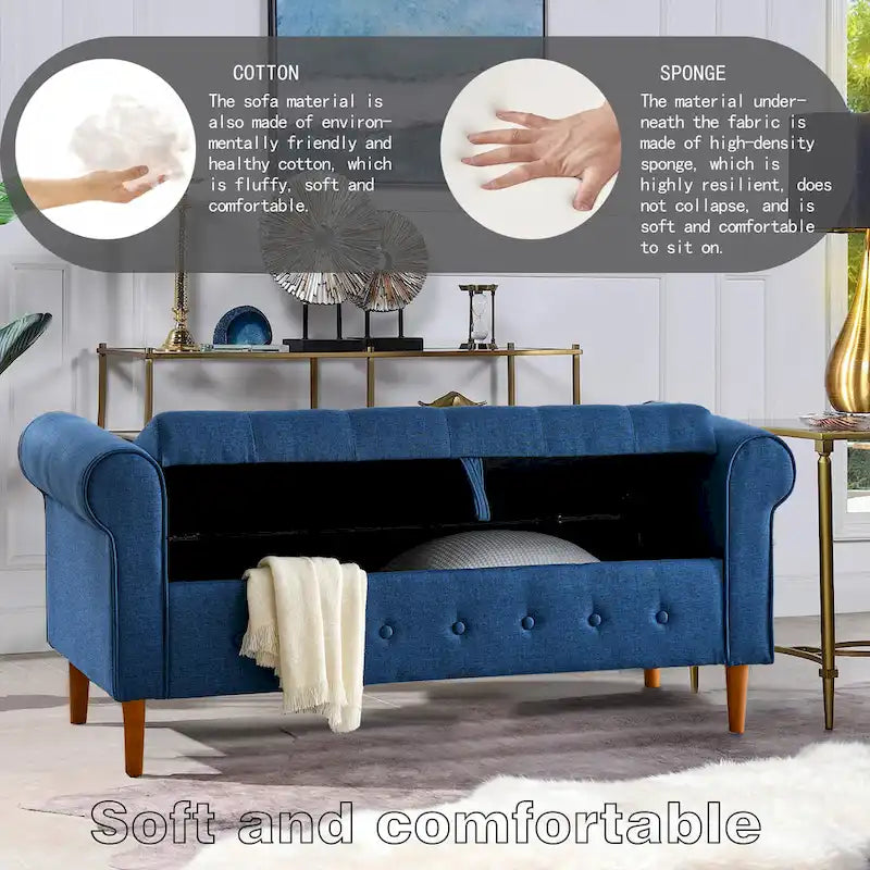 62 Bedroom Tufted Button Storage Bench, Modern Fabric Upholstered Ottoman, Window Bench, Rolled Arm Design
