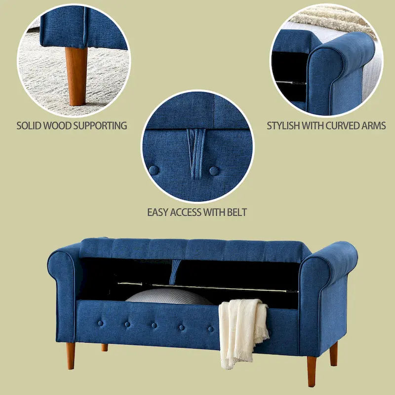 62 Bedroom Tufted Button Storage Bench, Modern Fabric Upholstered Ottoman, Window Bench, Rolled Arm Design