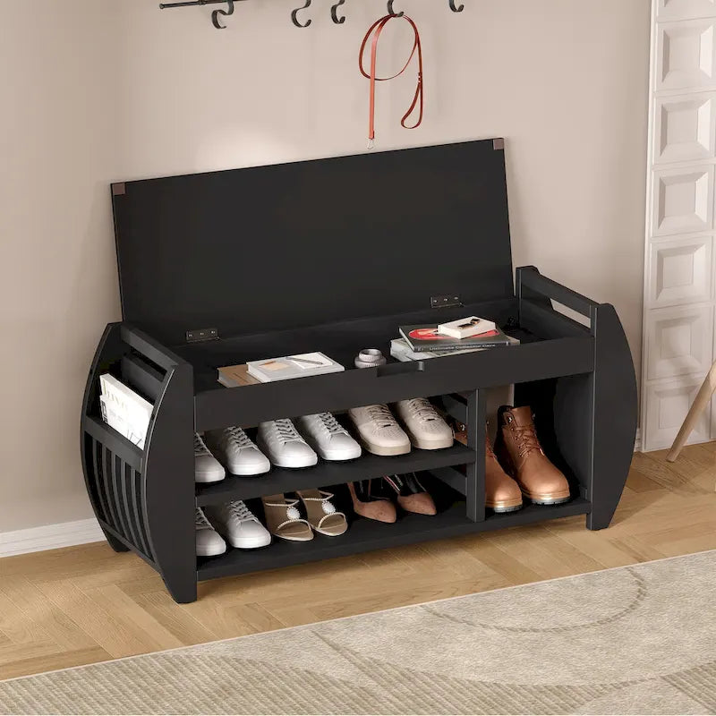 Retro Multifunctional Storage Bench with Cushion and Curved Side Panel for Entrance and Living room
