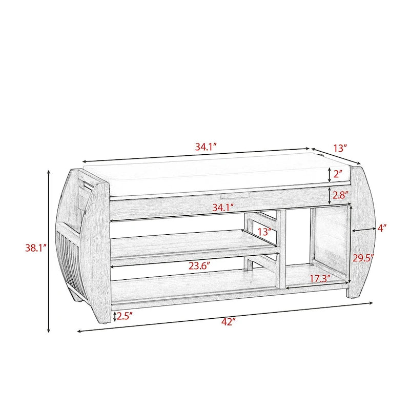 Retro Multifunctional Storage Bench with Cushion and Curved Side Panel for Entrance and Living room