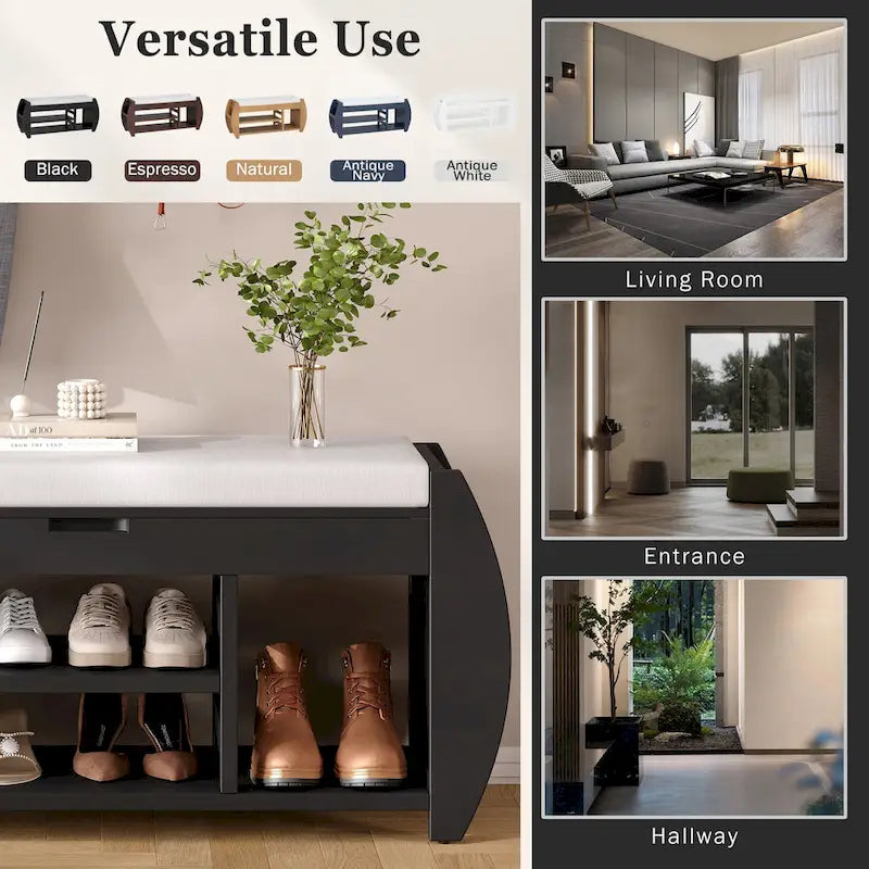 Retro Multifunctional Storage Bench with Cushion and Curved Side Panel for Entrance and Living room