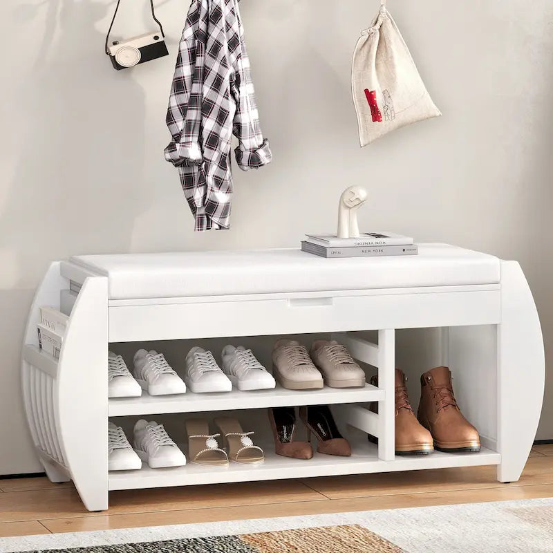 Retro Multifunctional Storage Bench with Cushion and Curved Side Panel for Entrance and Living room