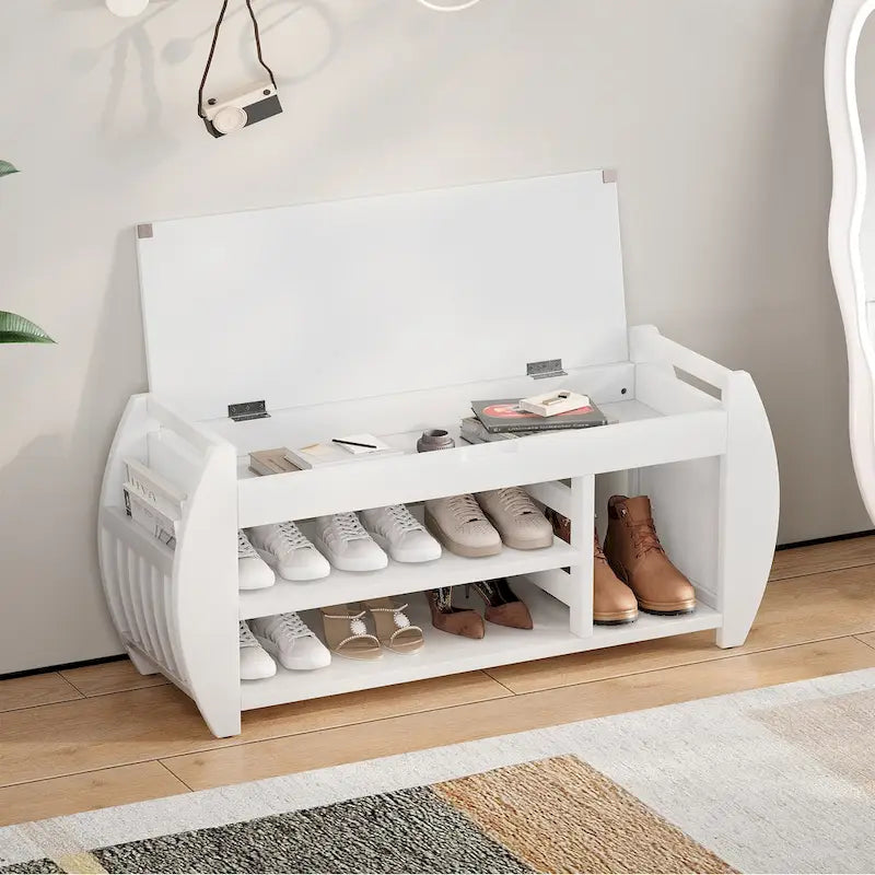 Retro Multifunctional Storage Bench with Cushion and Curved Side Panel for Entrance and Living room