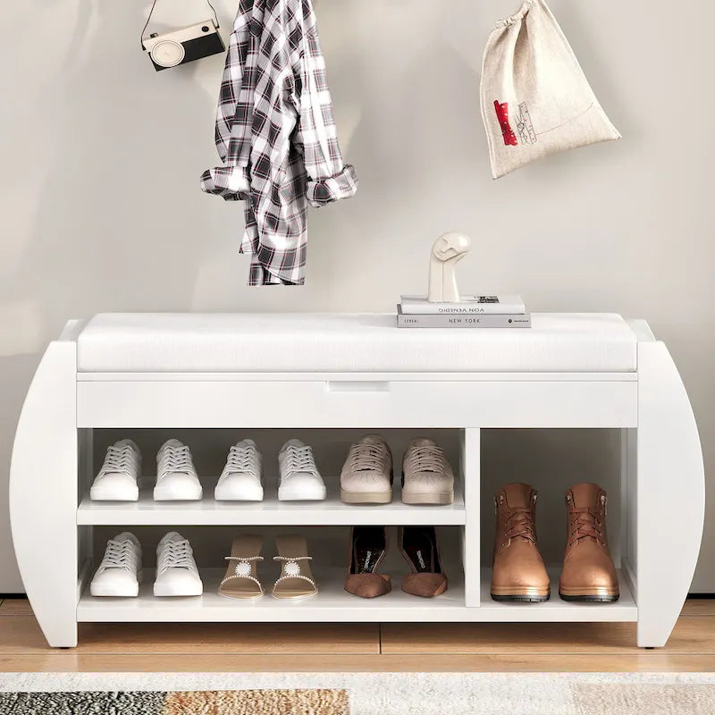 Retro Multifunctional Storage Bench with Cushion and Curved Side Panel for Entrance and Living room