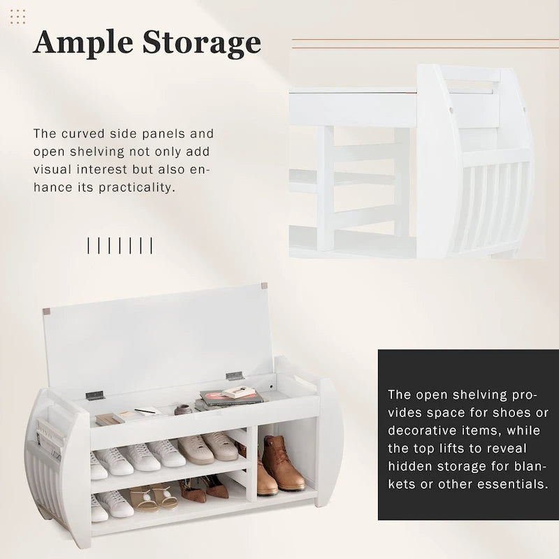 Retro Multifunctional Storage Bench with Cushion and Curved Side Panel for Entrance and Living room