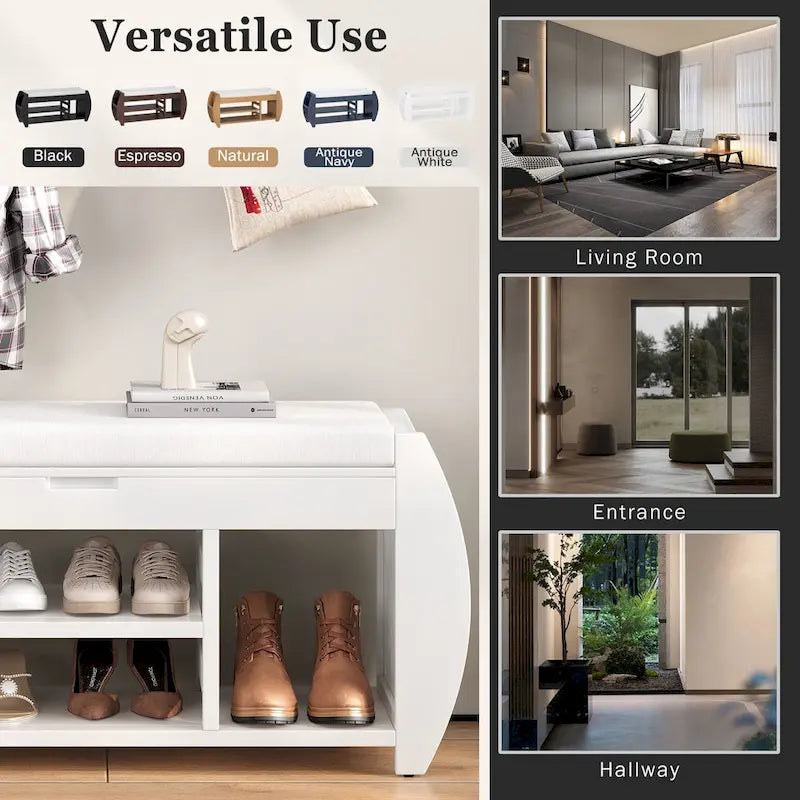 Retro Multifunctional Storage Bench with Cushion and Curved Side Panel for Entrance and Living room