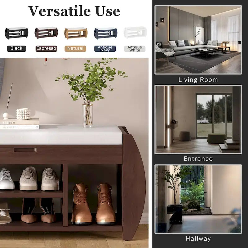 Retro Multifunctional Storage Bench with Cushion and Curved Side Panel for Entrance and Living room