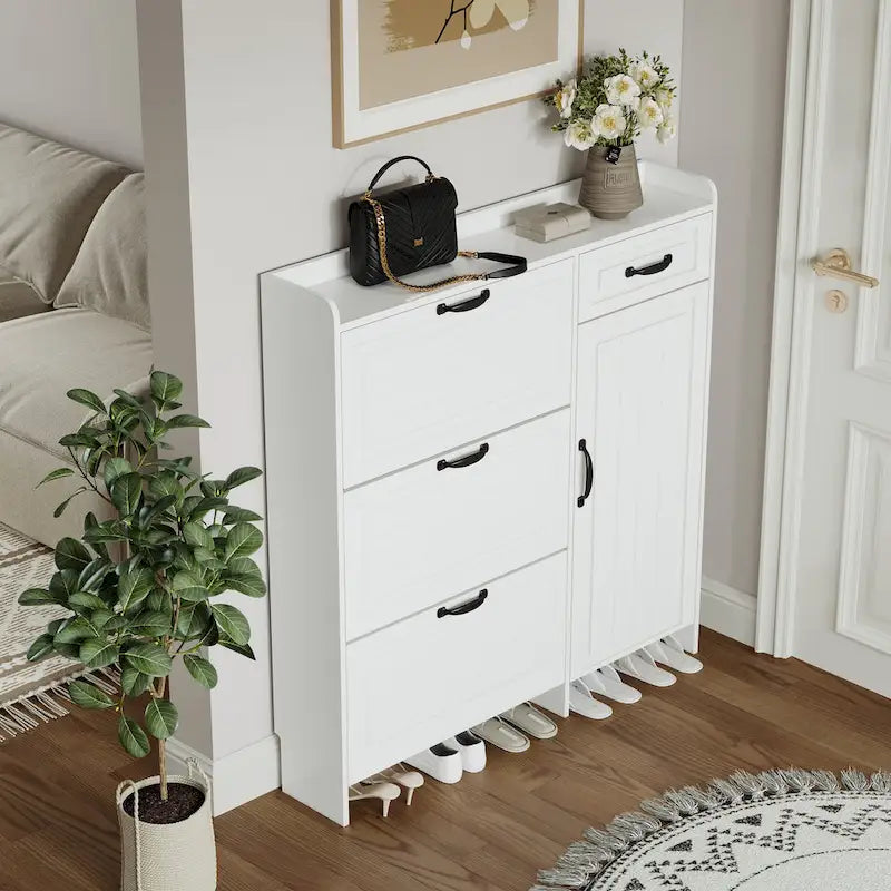 White color shoe cabinet with 4 doors 1 drawers,large space for storage