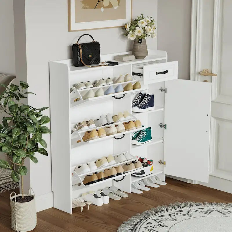 White color shoe cabinet with 4 doors 1 drawers,large space for storage