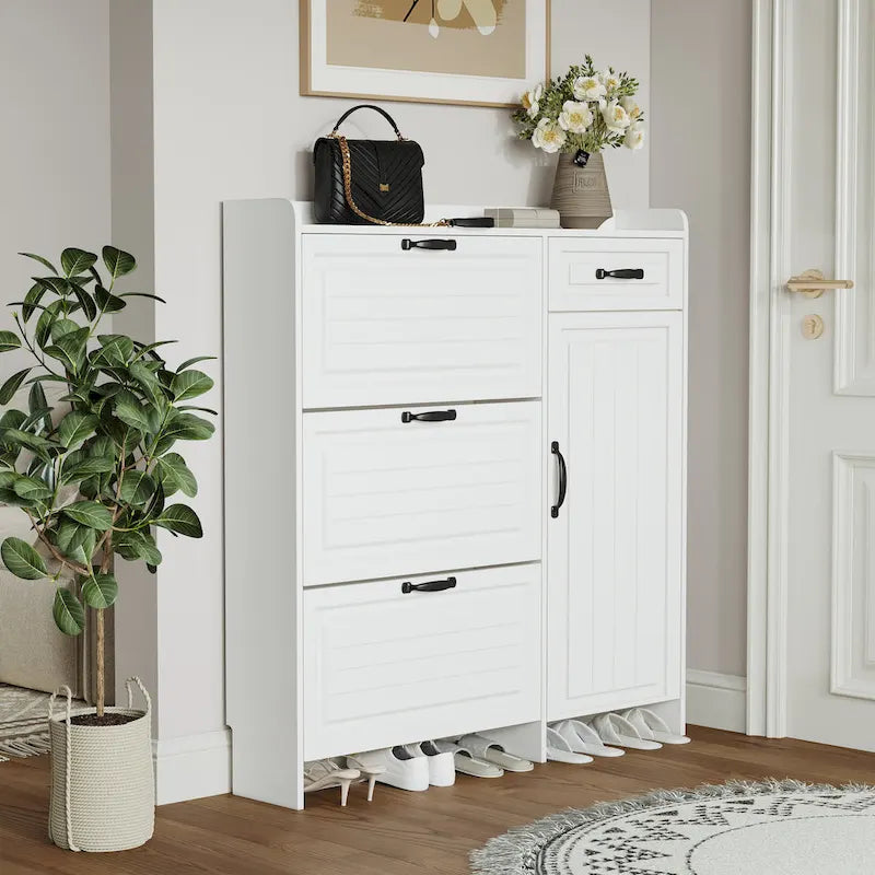 White color shoe cabinet with 4 doors 1 drawers,large space for storage