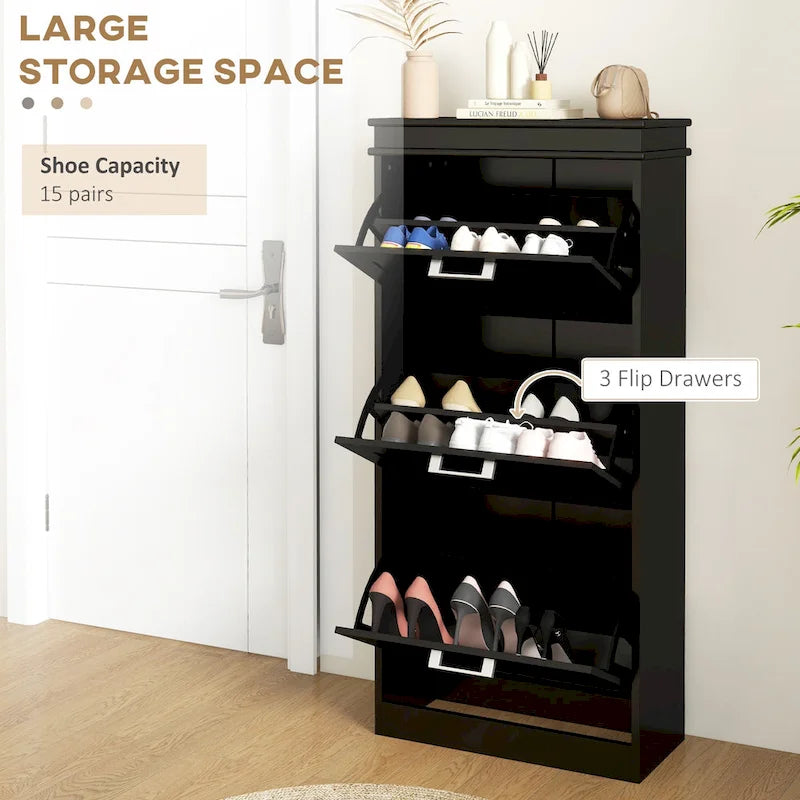 Shoe Cabinet for Entryway, Narrow Shoe Rack Storage Organizer with 3 Flip Drawers and Adjustable Shelves for 15 Pairs of Shoes