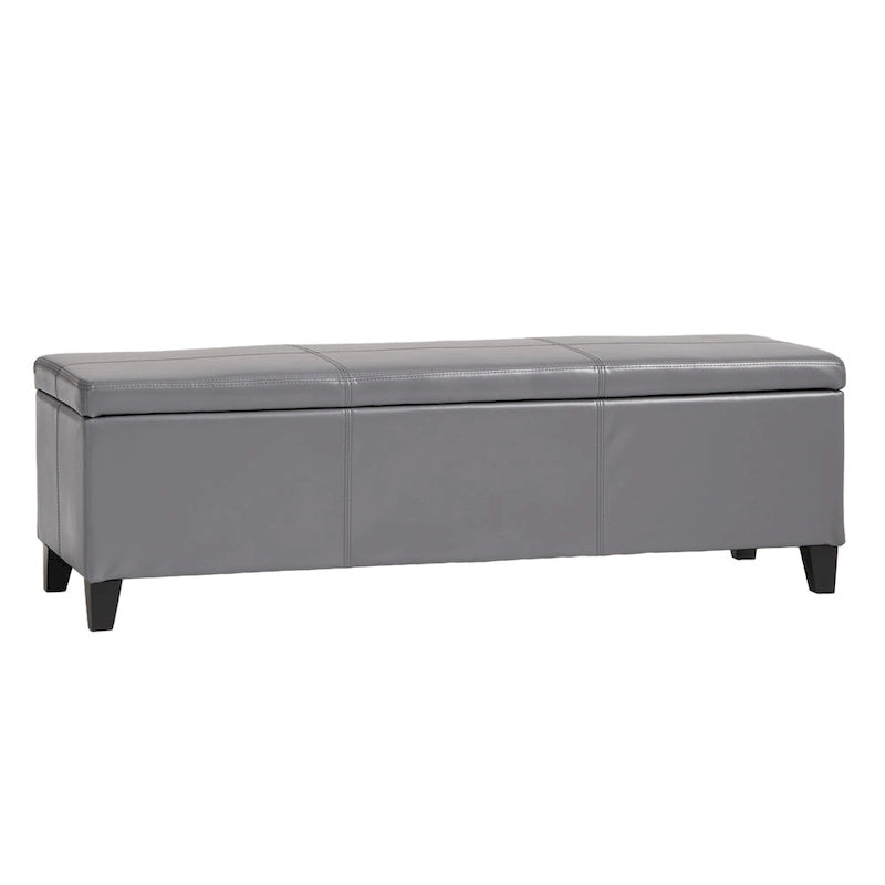 Elias Storage Ottoman Bench, Gray Faux Leather, Stitch Detail, 51 Inch
