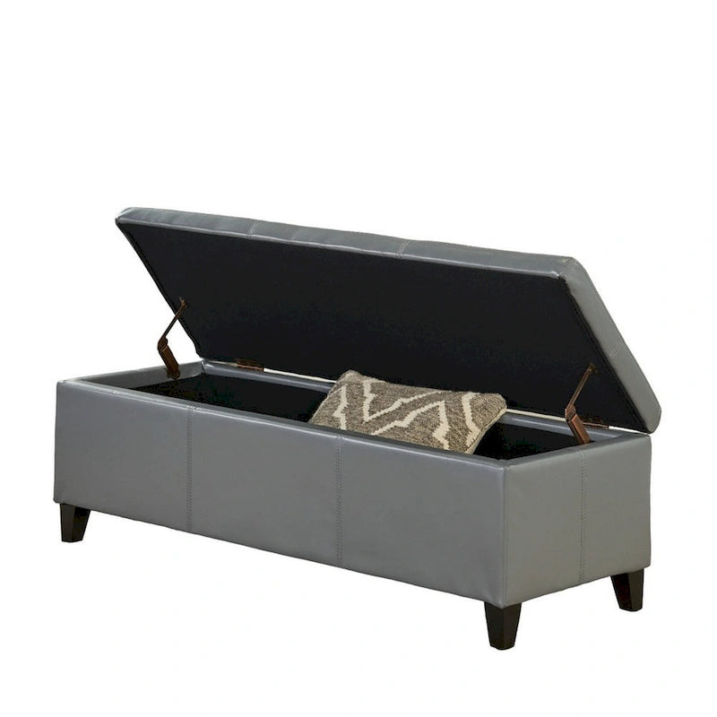 Elias Storage Ottoman Bench, Gray Faux Leather, Stitch Detail, 51 Inch