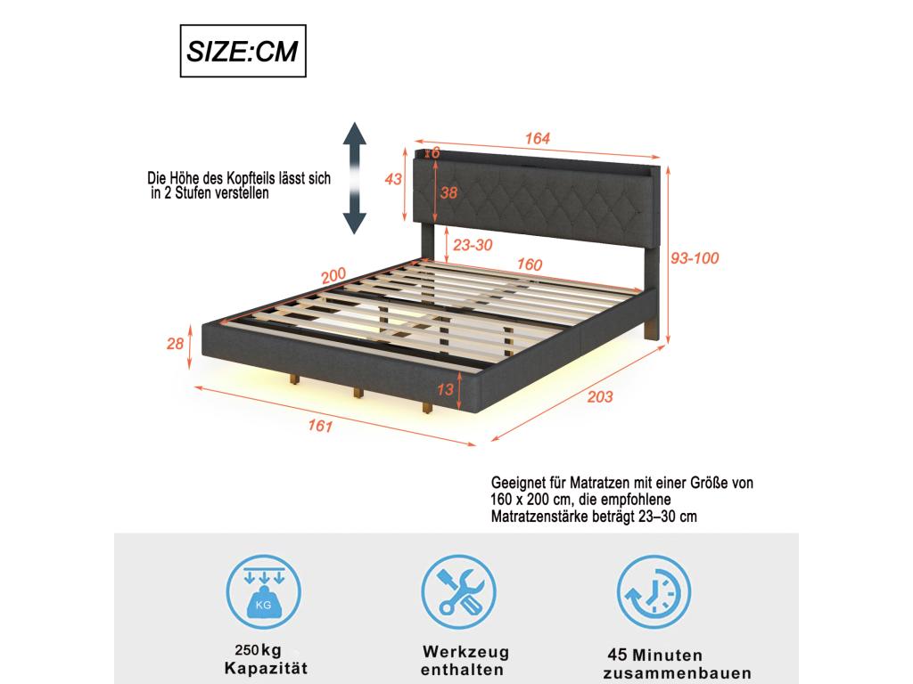 White Fabric Bed, 160 x 200 cm