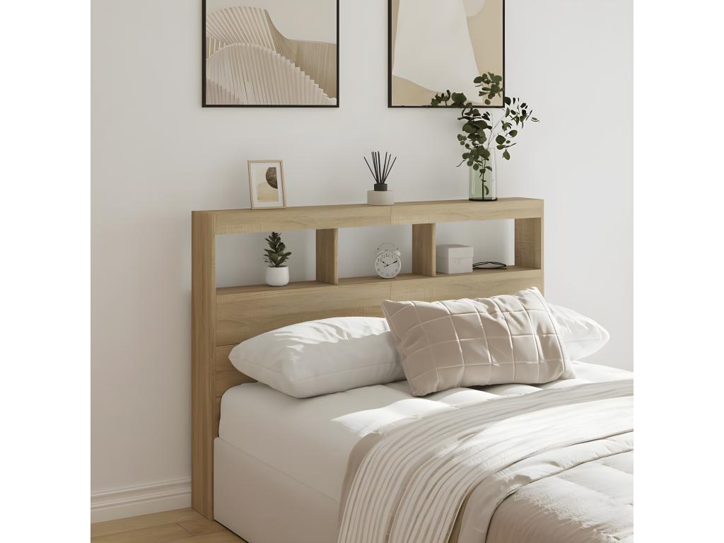 Brown Oak Wood Bed, 140 x 17 x 102 cm