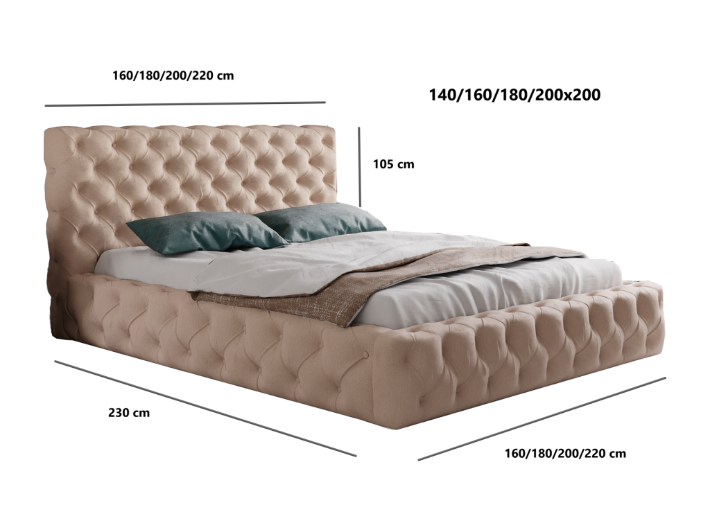 Beige Velvet Bed, 180 x 200 cm