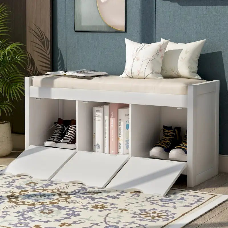 Storage Bench with Removale Cushion and 3 Flip Lock Storage