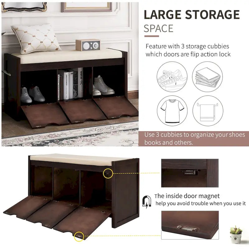 Storage Bench with Removale Cushion and 3 Flip Lock Storage