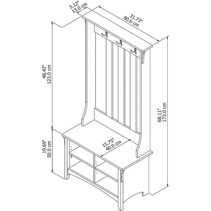 Hall Tree with Storage Bench in Vintage Black - 31.73L x 15.75W x 68.12H - 31.73L x 15.75W x 68.12H