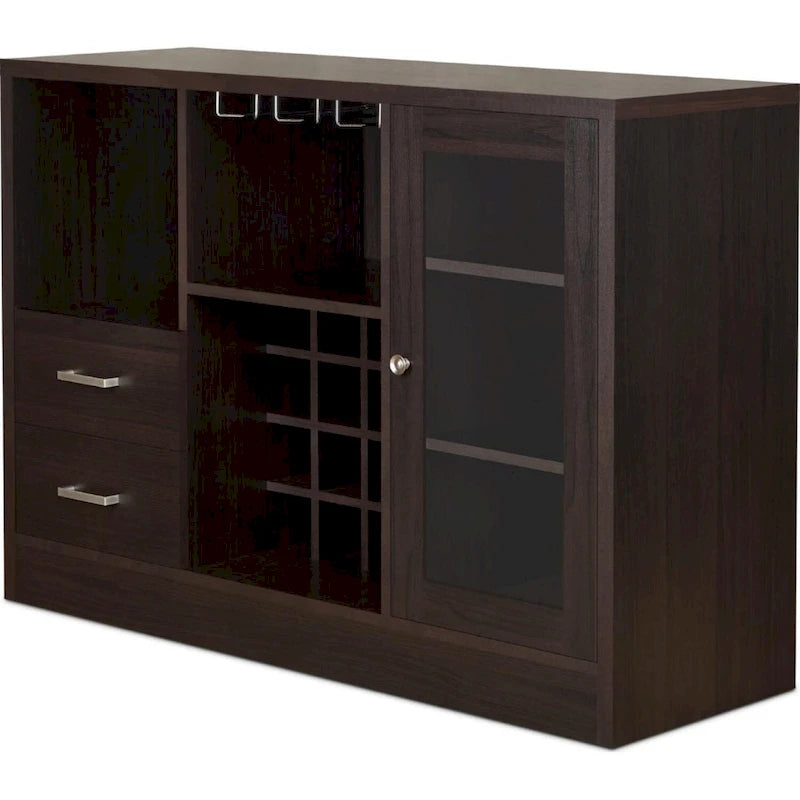 Wooden Server with One Side Door Storage Cabinets and Two Drawers, Espresso Brown