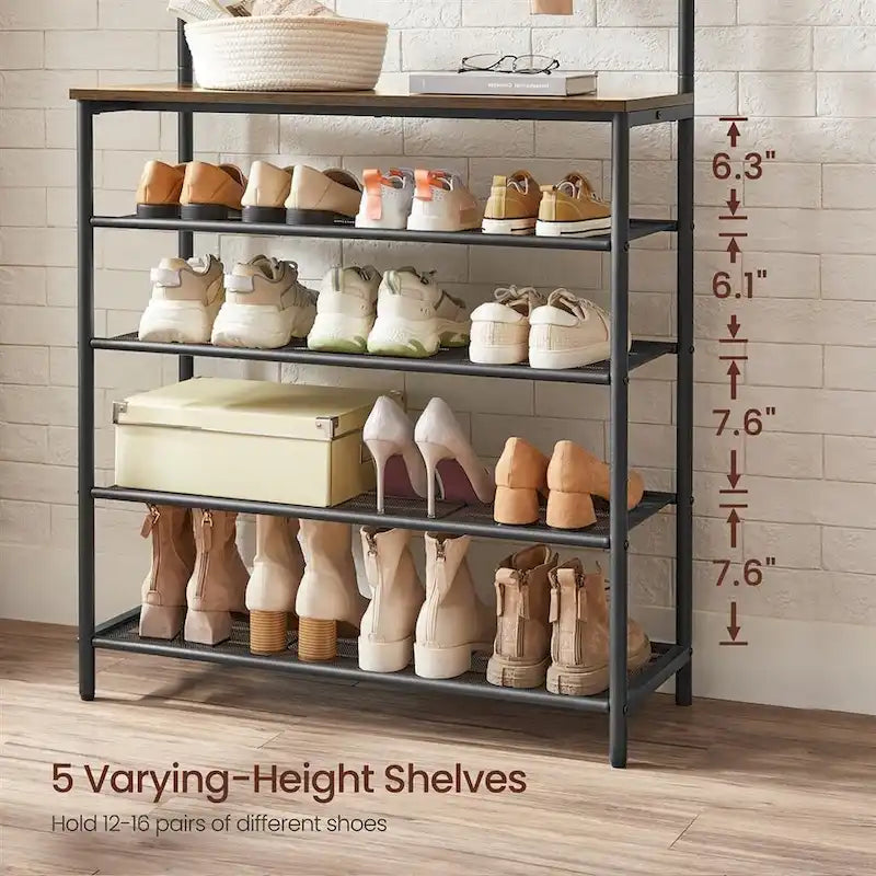 Rustic Brown Black Industrial Hall Tree with Coat Hooks 5-Tier Shoe Rack and Storage Shelves 31.5 Inch