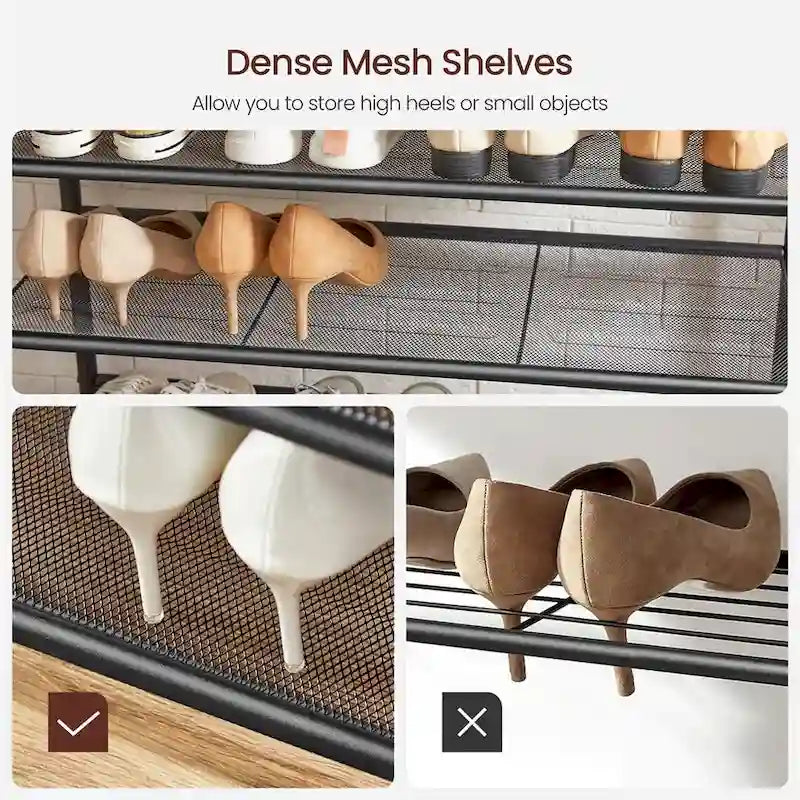 Rustic Brown Black Industrial Hall Tree with Coat Hooks 5-Tier Shoe Rack and Storage Shelves 31.5 Inch