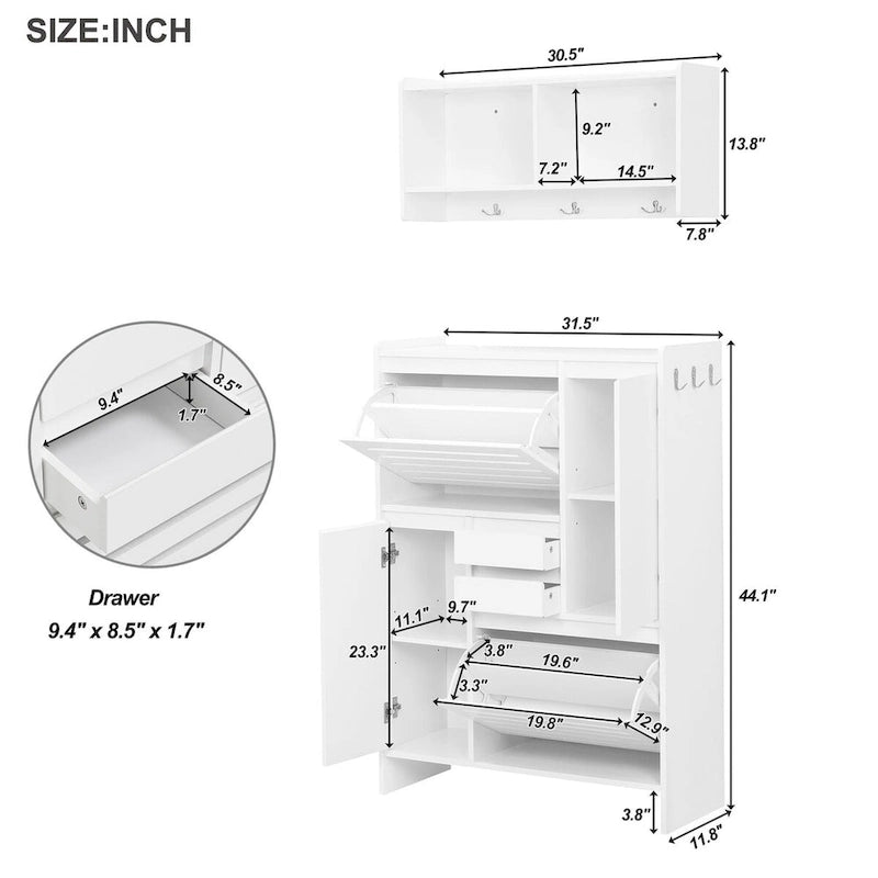 Multi-Functional Shoe Cabinet with Wall Cabinet, Space-saving Design Side Cabinet with 2 Flip Drawers and Hanging Hooks