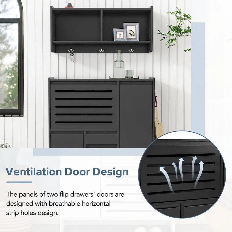 Multi-Functional Shoe Cabinet with Wall Cabinet, Space-saving Design Side Cabinet with 2 Flip Drawers and Hanging Hooks