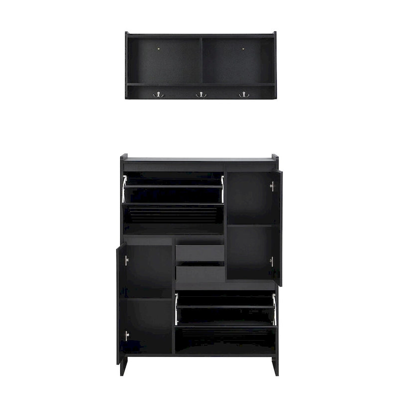 Multi-Functional Shoe Cabinet with Wall Cabinet, Space-saving Design Side Cabinet with 2 Flip Drawers and Hanging Hooks