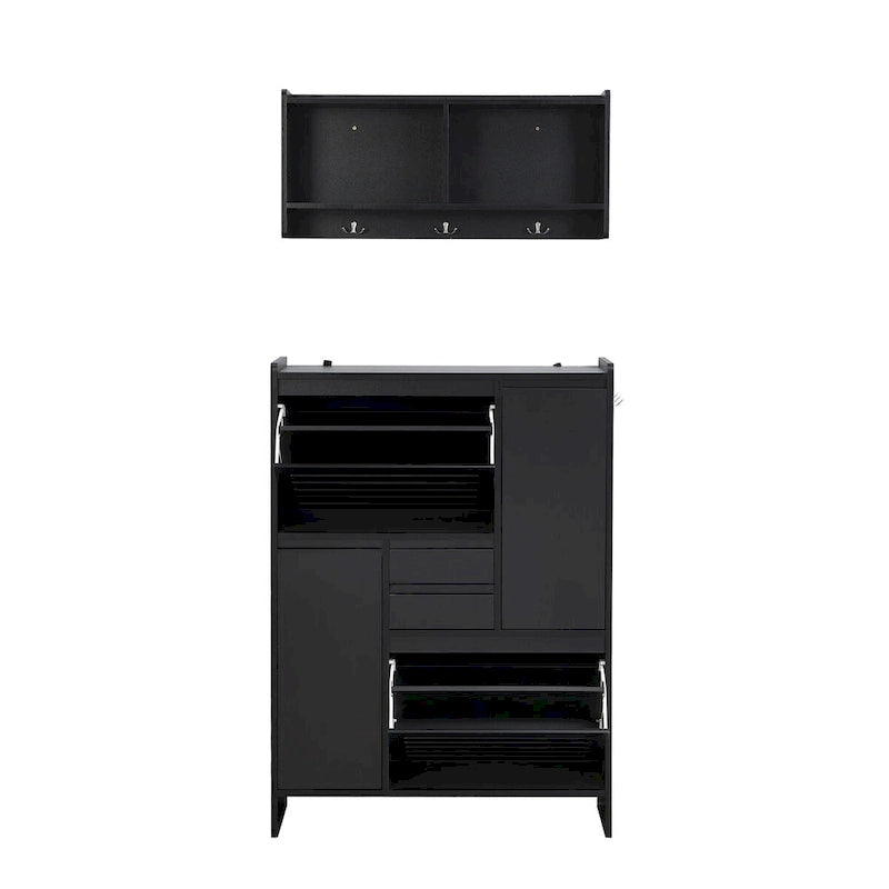Multi-Functional Shoe Cabinet with Wall Cabinet, Space-saving Design Side Cabinet with 2 Flip Drawers and Hanging Hooks