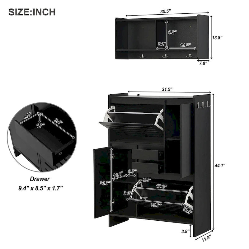 Multi-Functional Shoe Cabinet with Wall Cabinet, Space-saving Design Side Cabinet with 2 Flip Drawers and Hanging Hooks