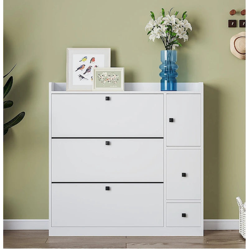 Versatile Shoe Cabinet with 3 Flip Drawers and Pull-down Seat
