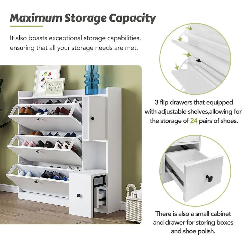 Versatile Shoe Cabinet with 3 Flip Drawers and Pull-down Seat