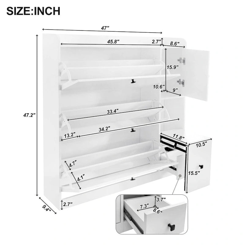 Versatile Shoe Cabinet with 3 Flip Drawers and Pull-down Seat