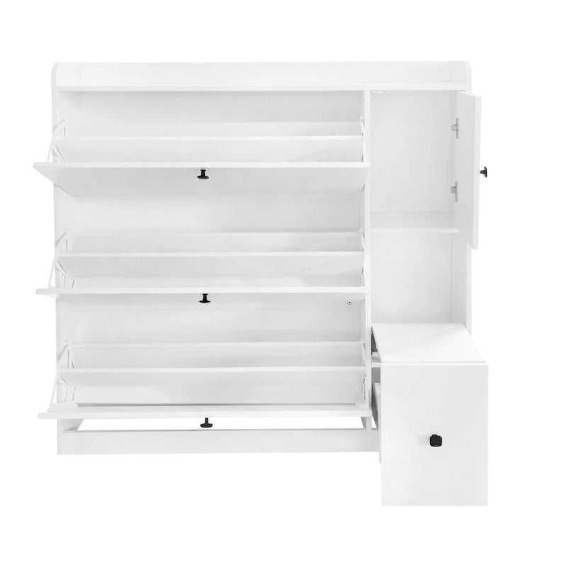 Versatile Shoe Cabinet with 3 Flip Drawers and Pull-down Seat