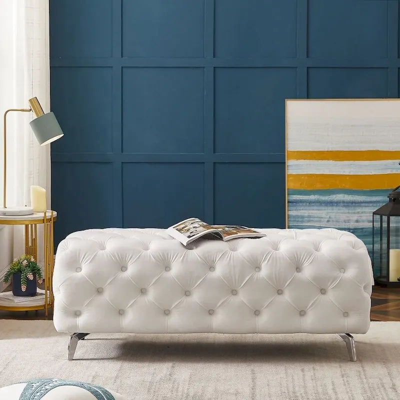 Button-Tufted Ottoman Bench, Upholstered Velvet Footrest Stool Accent Bench for Living Room.