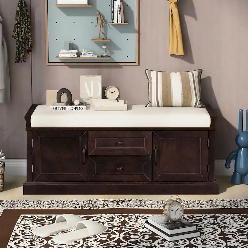 Storage Bench with 2 Drawers and 2 Cabinets, Shoe Bench with Removable Cushion for Living Room, Entryway
