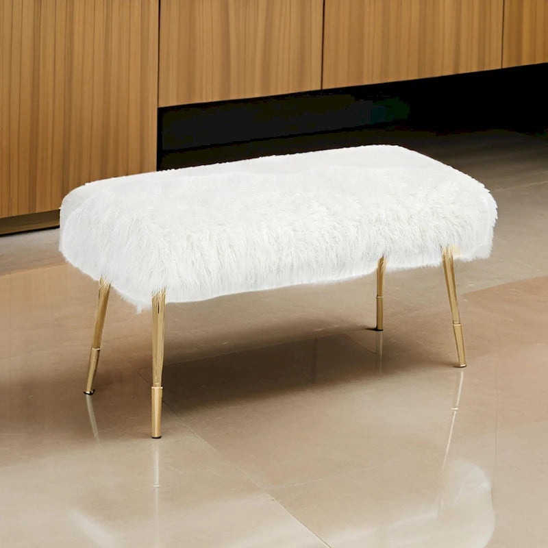 Ammy 45 Inch Bench, White Faux Fur Padded Seat, Glam Gold Metal Finish