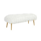 Ammy 45 Inch Bench, White Faux Fur Padded Seat, Glam Gold Metal Finish