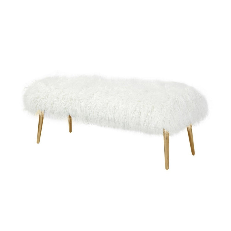 Ammy 45 Inch Bench, White Faux Fur Padded Seat, Glam Gold Metal Finish