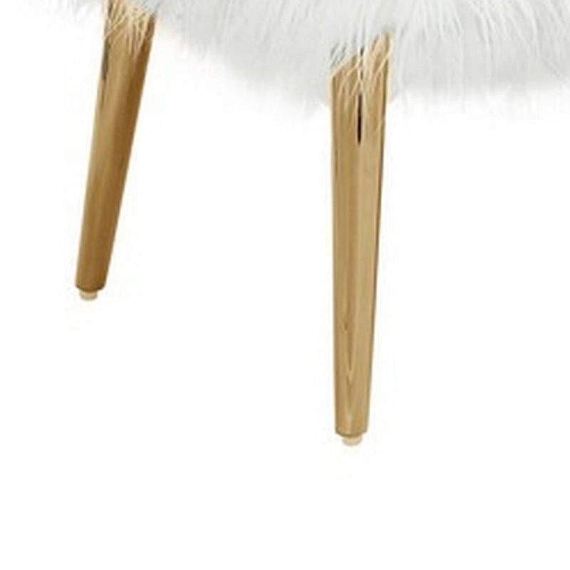 Ammy 45 Inch Bench, White Faux Fur Padded Seat, Glam Gold Metal Finish