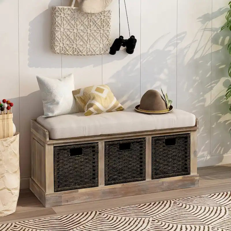 Rustic Storage Bench with 3 Removable Classic Rattan Basket , Entryway Bench with Removable Cushion
