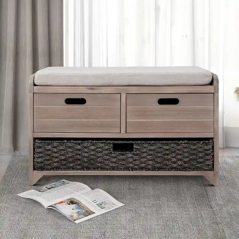 Modern Farmhouse Style Wooden Bench with 2 Drawers and a Woven Storage Basket