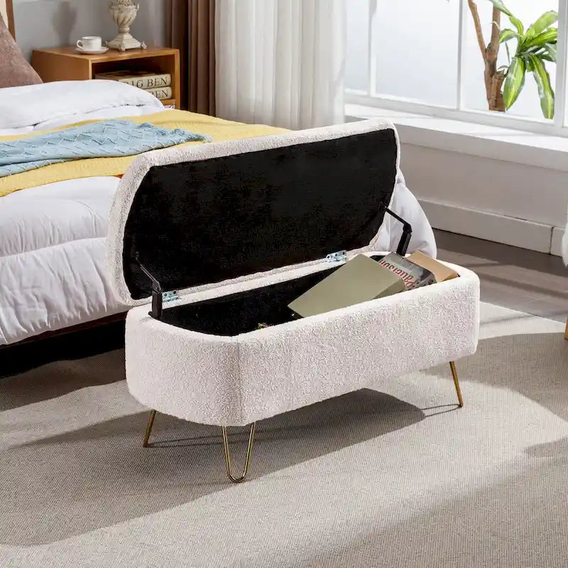Upholster Storage Ottoman Bench with Faux Fur - 39.37L x 15.75W x 15.5H